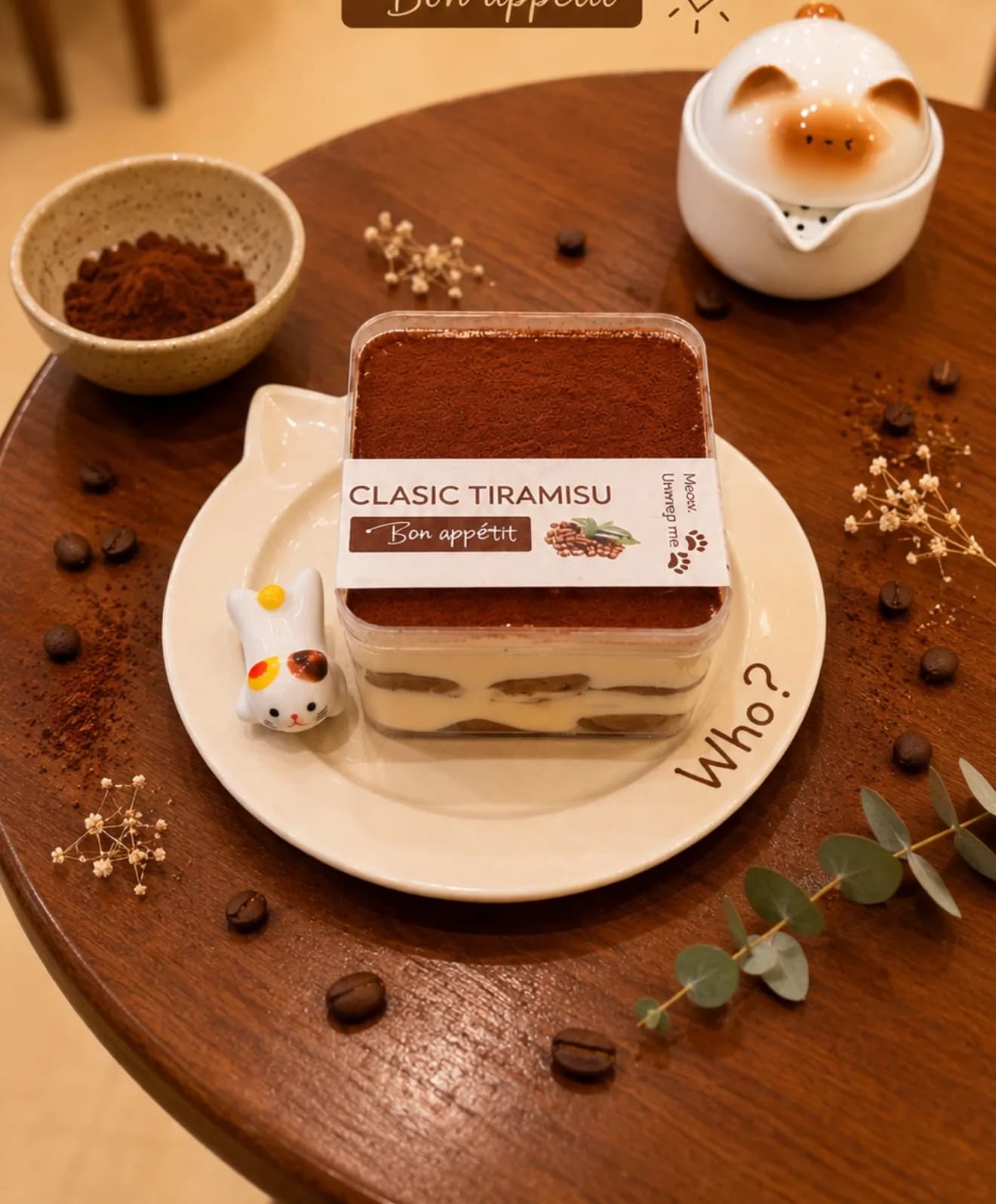 Un tiramisu en boîte avec un bandeau papier indiquant Bon appétit, et sur la tranche, Meow, unwrap me.